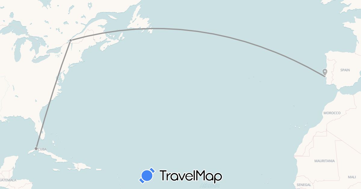TravelMap itinerary: plane in Canada, Cuba, Portugal (Europe, North America)